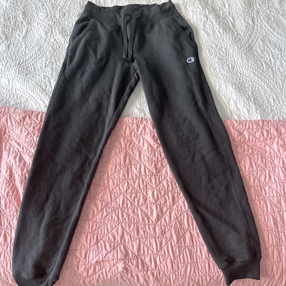 black champion joggers, red black and white logo